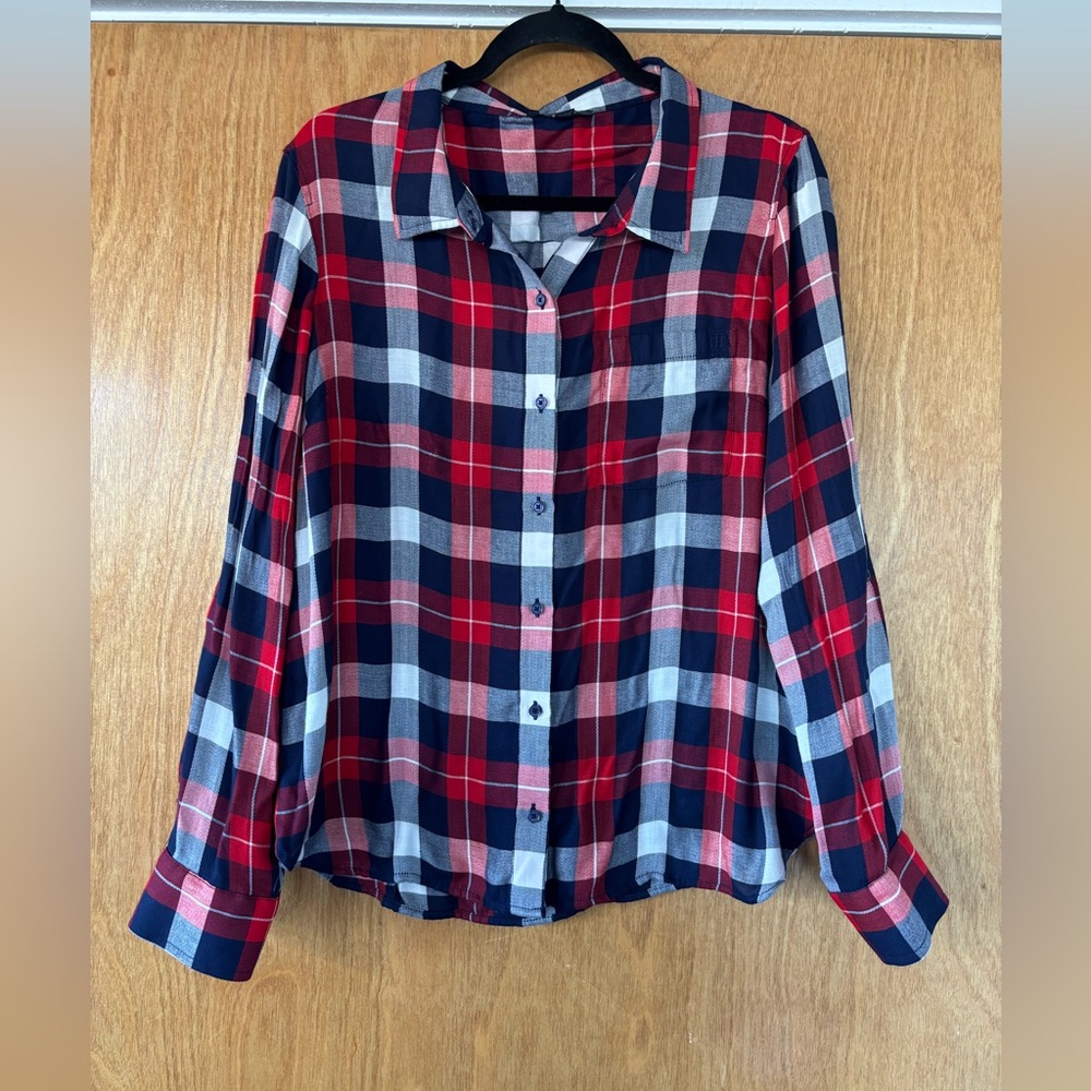 Tommy Hilfiger Red, White and Blue Plaid Flannel Button-Down Shirt